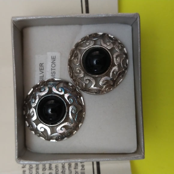 PAIR STERLING SILVER AND SARD ONYX EARRINGS - Picture 2 of 3